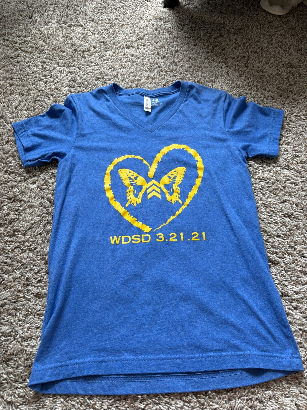 Bella Canvas Royal Blue V-Neck Tee with Yellow Heart & Butterfly Print